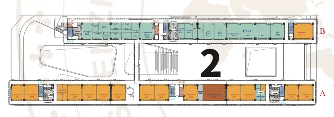 Second-floor plan of learning spaces in Buildings A and B