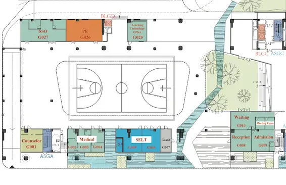 Plan of student support spaces and the outdoor basketball court