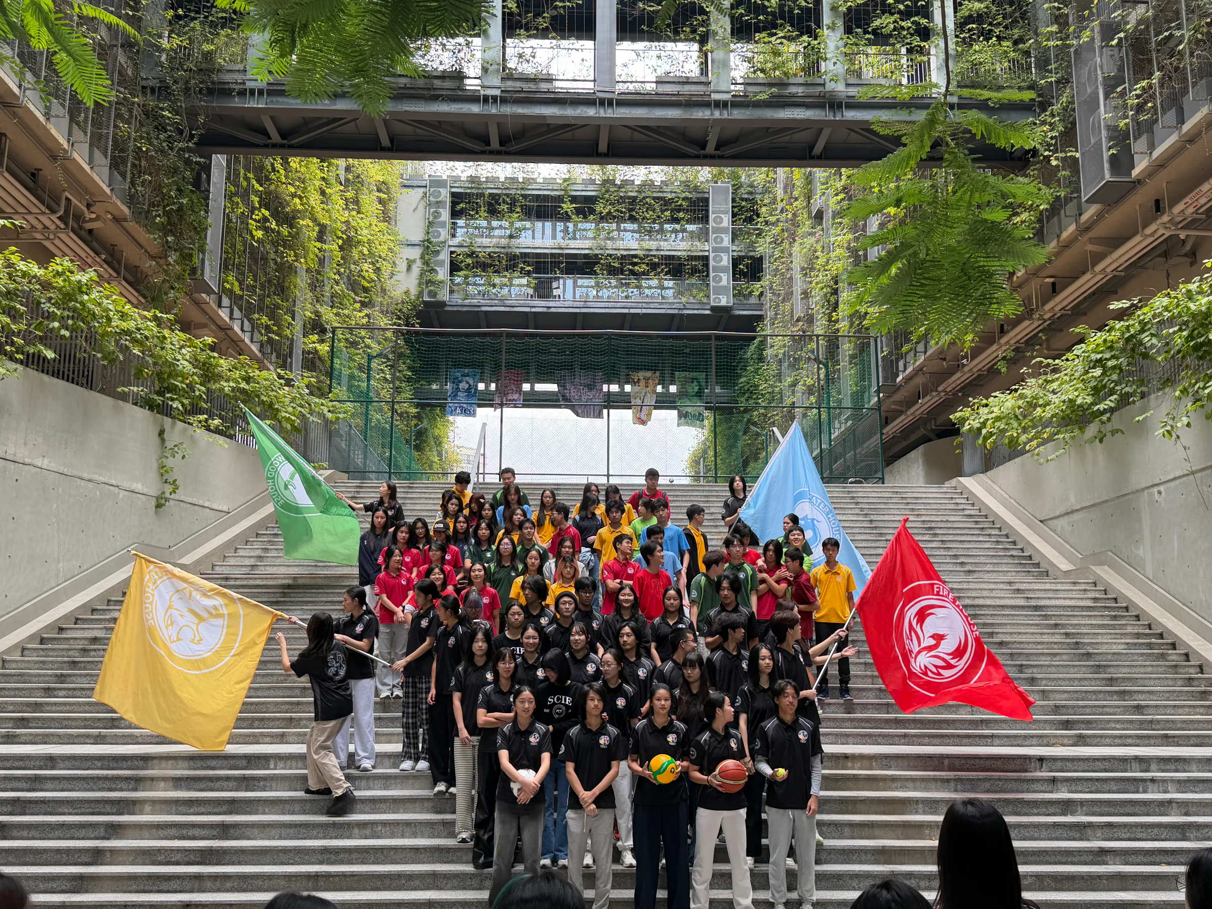 Students from Metal, Wood, Water and Fire Houses with their flags on the campus steps